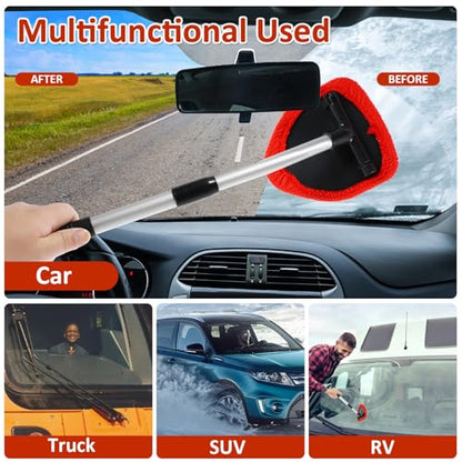 Windshield Cleaning Tool, Car Window Cleaner with Extendable Long Handle and 4 Washable Reusable Microfiber Pads and Spray Bottle, Auto Interior Exterior Glass Wiper Kit Supplies (Red) - color: Red