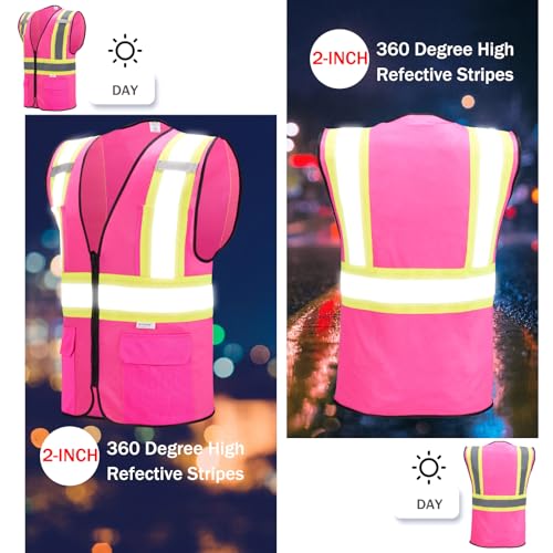 High Visibility Reflective Safety Vest with Zipper and Pockets Pink,M - color: Pink, size: Medium