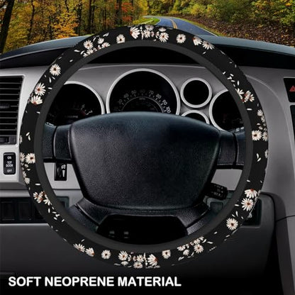 Black and White Daisies Elastic Steering Wheel Cover, Non-Slip Breathable Neoprene Steering Wheel Covers, Women Pink Car Accessories, Universal 15 Inch Fit Auto, Suvs, Truck - color: Black White Daisy