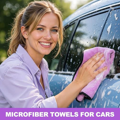 Tallew 12 Pcs Microfiber Towels for Cars, 800 GSM Plush Drying Cleaning Cloth Bulk, 16 x 16 Inch Thick Absorbent Wash Detailing Towels for Car Polishing, House, Kitchen Cleaning(Purple) - color: Purple