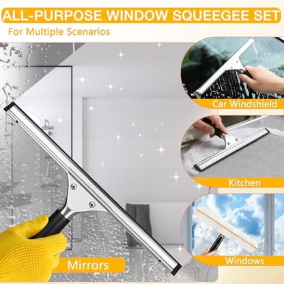 Window Cleaning Squeegee Kit- 14" Squeegee & Microfiber Rotatable Window Scrubber,All-Purpose Tile Shower Walls Window Glass Car Windshield Mirrors,Reusable Microfiber Sleeve