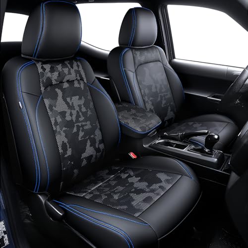 Leather Seat Covers Custom Fit for Tacoma Gen 3rd Double & Crew Cab (2016-2023) - Fully Covered - Fit Like a Glove - Center Console Armrest Covers Included - CamoBlack-Blue Stitching - color: ( CamoBlack-Blue Stitching ) & Full Set, size: For Tacoma Gen 3