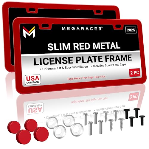 Premium Slim Red License Plate Frames – 2 Pack, Rust-Free Stainless Steel, Street Legal & Rattle-Free, Universal Fit with Screw Caps, Sleek Thin Metal Front & Rear Car Tag Holders for Men & Women - color: Red, size: 2 Piece