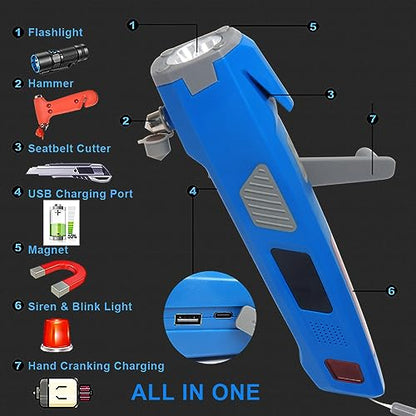 LUXON 8-in-1 Car Emergency Escape Safety Tool Kit:Window Breaker,Seat Belt Cutter,LED Flashlight,Rescue Tool USB Charger,Sire Blink Light, Hand Cranking Charge,Magnetic for Vehicle Escape(Blue) - color: Blue, size: 1 Count(Pack of 1)