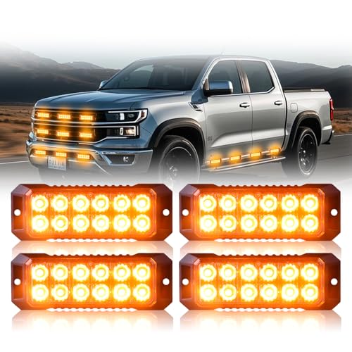 4PCS Amber Strobe Lights for Trucks, Sync Feature LED Emergency Strobe Grille Lights 12-24V Surface Mount Flashing Mini Grill Caution Hazard Warning Emergency Lights for Vehicles Cars - color: Amber 4PCS, size: 4PCS