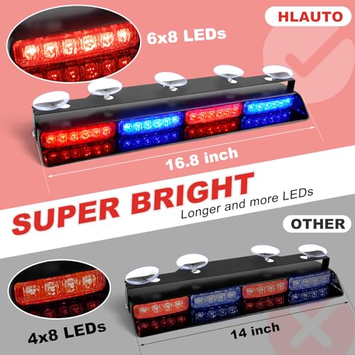 HLauto 604N Emergency Dash Strobe Lights: 2x16.8 inch Red Blue Security Light w/Take Down, 48 LED Safety Flashing Warning Hazard Interior Windshield Light Bar for Trucks Vehicles - color: #09 Red / Blue