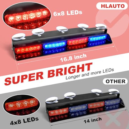 HLauto 604N Emergency Dash Strobe Lights: 2x16.8 inch Red Blue Security Light w/Take Down, 48 LED Safety Flashing Warning Hazard Interior Windshield Light Bar for Trucks Vehicles - color: #09 Red / Blue