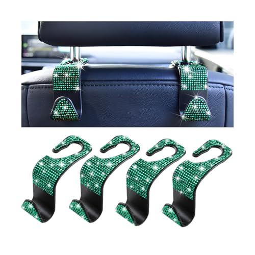 Mandark 4PCS Bling Car Seat Headrest Hooks, Crystal Rhinestone Vehicle Seat Back Hanger for Grocery Purses Handbags, Diamond Auto Seatback Storage Organizer Hanger, Universal for Most Cars (Green) - color: Green