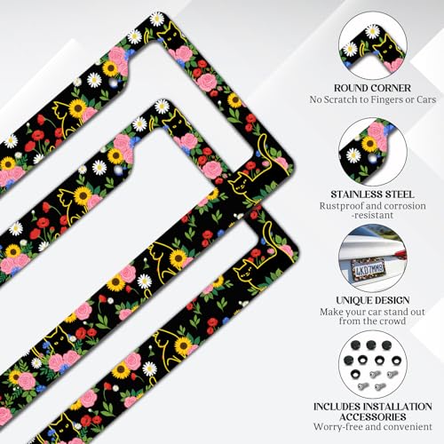2 Pack License Plate Frames, Flower License Plate Cover, Universal US Stainless Steel License Plate Holder with Screws for Women Men - color: Flower & Cat