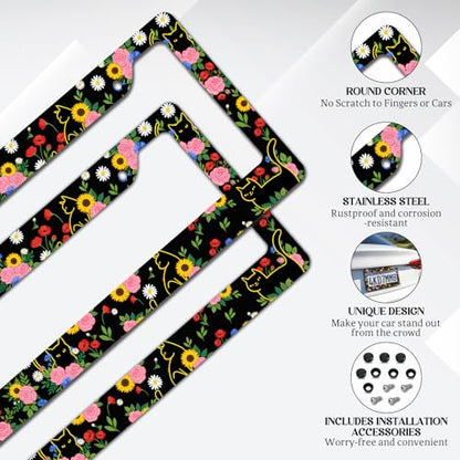 2 Pack License Plate Frames, Flower License Plate Cover, Universal US Stainless Steel License Plate Holder with Screws for Women Men - color: Flower & Cat
