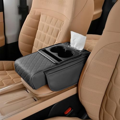 Car Armrest Storage Box,Car Accessories Console Organizers and Storage,Universal Waterproof Leather Console Cover with Cup Holder and Phone Holder,Suitable for Most Cars (Embroidered, Black) - color: Black, style: Embroidered