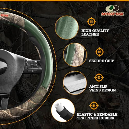 Mossy Oak Full Camo Steering Wheel Cover - Made from Premium Leather, Universal Fit for 14 1/2 to 15 inches - Official Licensed Product - Green Color - color: GREEN