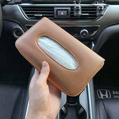 Car Tissue Holder, Sun Visor Tissue Holder, Car Visor Napkin Holder, PU Leather Backseat Tissue Case Holder for Car Vehicle with Zipper (Brown) - color: Brown