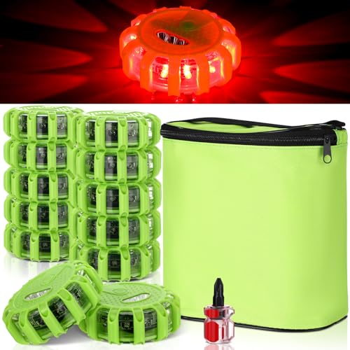 Tallew 12 Pack LED Road Flares Emergency Lights Roadside 9 Flash Modes Warning Car Safety Beacon Magnet Hook Flashing Disc Flare Kit for Vehicles Car Truck Boats Holiday Gift(Green)