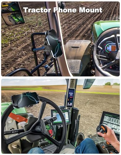 Tractor Phone Clamp Mount, [Upgraded Secure Tether] Stable Cellphone Clip for Forklift/Farming Machine, Front Loader Clip Holder for iPhone 16 15 14, Galaxy S25 S24, 4-7" Phone with Thick Case