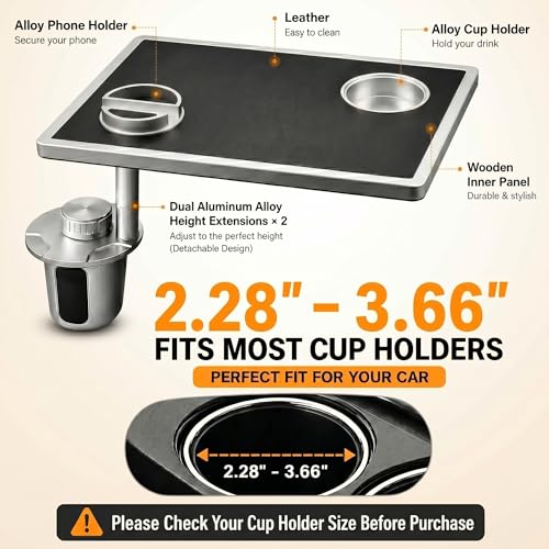 Car Food Tray & Car Table Tray with Car-Grade Aluminum Cup Holder & Phone Stand, Premium Wood with Leather Surface, 360° Rotating Car Desk for Laptop &Eating (Square, Black) - color: 𝗦𝗾𝘂𝗮𝗿𝗲 · Black