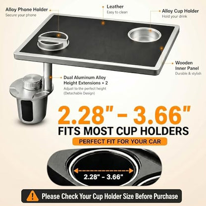 Car Food Tray & Car Table Tray with Car-Grade Aluminum Cup Holder & Phone Stand, Premium Wood with Leather Surface, 360° Rotating Car Desk for Laptop &Eating (Square, Black) - color: 𝗦𝗾𝘂𝗮𝗿𝗲 · Black
