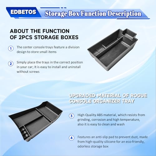 EDBETOS 2PCS/Set Center Console Organizer Compatible with Nissan Rogue 2021-2023 2024 2025 2026 Interior Accessories Lower Console Armrest Secondary Storage Box Pallet Middle Insert Tray Black ABS