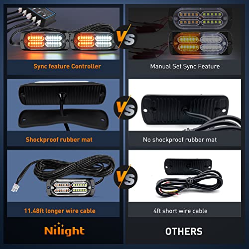 Nilight 4PCS LED Strobe lights 12V Sync Feature Amber White 24LED Emergency Hazard Warning Lights with Controller Hard Wire or Cigarette Lighter Plug for Car Truck RVs Campers - color: Amber White w/Controller