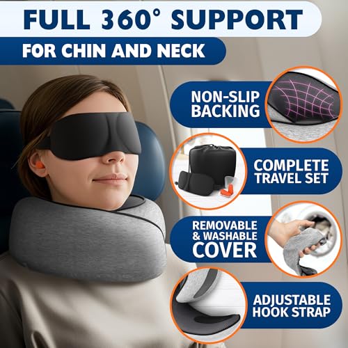 Travel Neck Pillow – 4-in-1 Set | Adjustable Memory Foam Airline Pillows for Sleeping on Long Flights, Earplugs, Eye Mask, & Cover | Cotton Cover, Hook-and-Loop Closure – Car and Train Use, G-Shaped