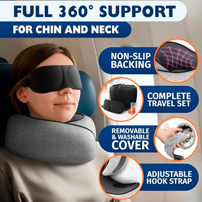 Travel Neck Pillow – 4-in-1 Set | Adjustable Memory Foam Airline Pillows for Sleeping on Long Flights, Earplugs, Eye Mask, & Cover | Cotton Cover, Hook-and-Loop Closure – Car and Train Use, G-Shaped