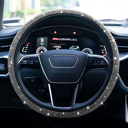 Bling Rhinestone Steering Wheel Cover with Crystal Diamond for Women, Sparkling Car Wheel Protector Universal Fit 14-15 inches - White - color: white