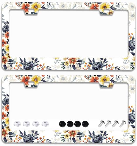 2 Pcs Colorful Floral Flowers License Plate Frames - 2 Holes Stainless Steel Metal Auto Car Accessories Decoration License Plate Frame Cover Size 6.3" x 12.2" Fit US Vehicles for Women Men Gift - color: Colorful Flowers
