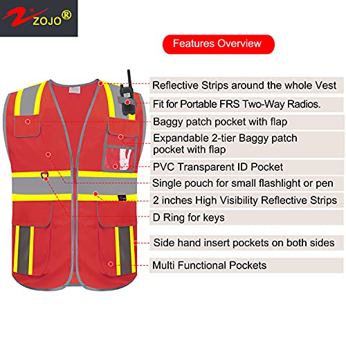 zojo High Visibility Safety Vest, 5PCS,Reflective with Multi-Functional Pockets and Zipper,for Men Women work(Red-Strip) - color: Red-strip