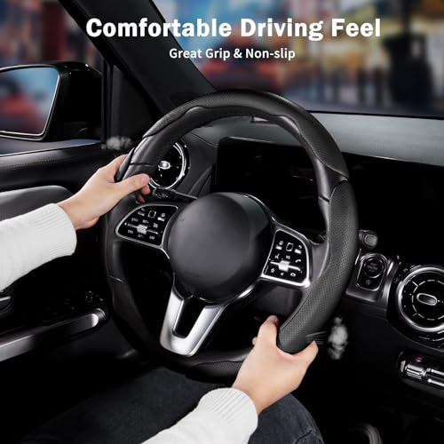 Nappa Leather Car Steering Wheel Cover for Men Women, Ultra-Thin Non-Slip Breathable Microfibre, Universal for 14.5"-15" Steering Wheel - Black - color: Black