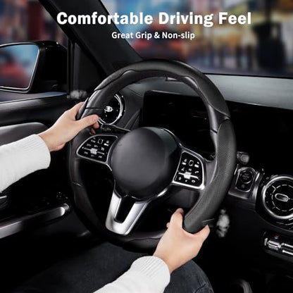 Nappa Leather Car Steering Wheel Cover for Men Women, Ultra-Thin Non-Slip Breathable Microfibre, Universal for 14.5"-15" Steering Wheel - Black - color: Black