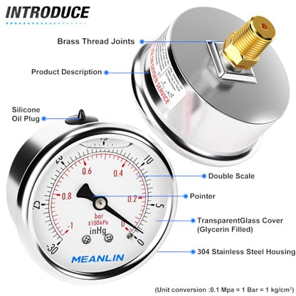 MEANLIN MEASURE -30inHG~0Psi Stainless Steel 1/4" NPT 2.5" FACE DIAL Vacuum Pressure Gauge, Center Back Mount, with 1/2" NPT and 3/8" NPT Hex Bushing - size: -30inhg-0psi