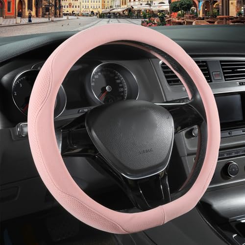 Pink Suede D Shaped Steering Wheel Cover, Breathable Non-Slip Sweat-Proof Wear-Resistant No Pilling, Warm in Winter and Cool in Summer, Universal 15 inch - color: Pink, size: D Shape-M[14.5''-15'']
