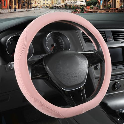 Pink Suede D Shaped Steering Wheel Cover, Breathable Non-Slip Sweat-Proof Wear-Resistant No Pilling, Warm in Winter and Cool in Summer, Universal 15 inch - color: Pink, size: D Shape-M[14.5''-15'']