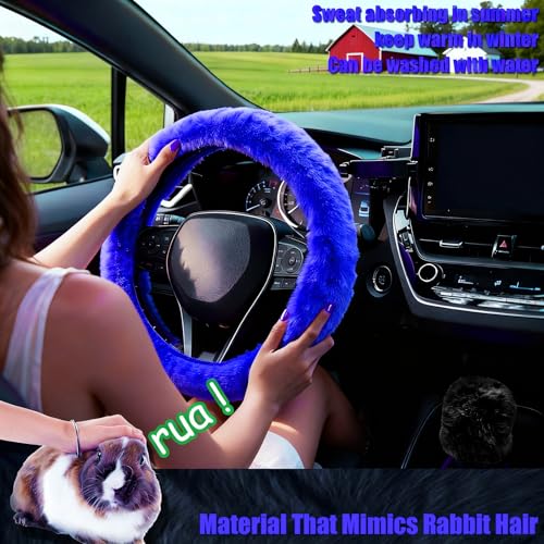 Furry Car Steering Wheel Cover, Fluffy Soft Warm Plush Non-Slip, 14 1/2-15 inch, for Women Girls, Blue - color: single cover - blue