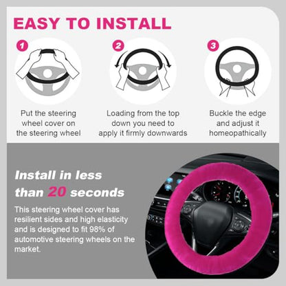 5PCS Fluffy Car Steering Wheel Cover Set, Includes Faux Fur Gear Shift Cover & Handbrake Cover & Steering Wheel Protector & 2 Seat Belt Shoulder Pads, Winter Fuzzy Warm Car Accessories (Rose Red) - color: Rose Red