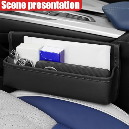 Car Seat Gap Filler Organizer with Lid, Universal Leather Auto Front Seat Storage Box, Adjustable Car Center Console Side Pocket for Phones, Keys, Glasses, Cards, No Seat Belt Block (Black) - color: Black