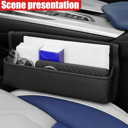 Car Seat Gap Filler Organizer with Lid, Universal Leather Auto Front Seat Storage Box, Adjustable Car Center Console Side Pocket for Phones, Keys, Glasses, Cards, No Seat Belt Block (Black) - color: Black