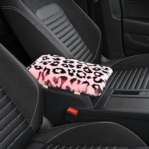 Genuine Sheepskin Center Console Cover Pad Genuine Furry Fluffy Wool Fur Car Armrest Cover Protector Universal Fit for SUV/Truck/Car - color: Shearling-Pink Leapord