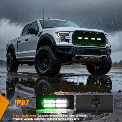 Nilight 4PCS 24LED Emergency Strobe lights 12V 24V Green White Surface Mount Grille Hazard Safety Warning Light Sync Feature Side Flashing Marker Flash for Car Truck Campers - color: Green White