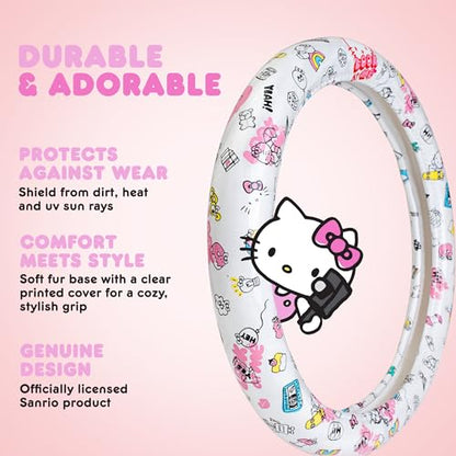 Hello Kitty Steering Wheel Cover, Official Sanrio Car Steering Wheel Cover with Universal Size 14.5-15, Cute White Hello Kitty Car Accessories for Women (Hello Kitty Look at Me) - style: Hello Kitty Look at Me