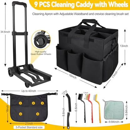 Cleaning Tools Cleaning Caddy with Wheels and Cleaning Apron, Large Rolling Cleaning Caddy Bag with Detachable Trolley, 6PCS Crevice Cleaning Brush Set, Adjustable Shoulder Strap & Multiple Pockets