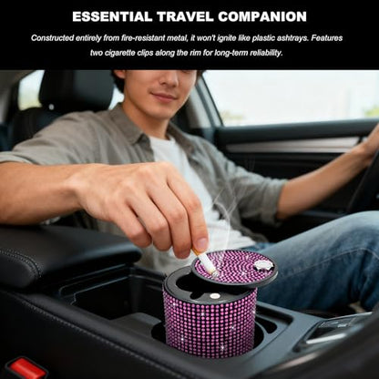 Bling Car Ashtray with Lid, Rhinestones Fireproof Auto Cup Holder Cigarette Ash Tray, Smokeless Crystal Diamond Ashtray Mini Trash Can for Women Girls, Car Accessories (Pink) - color: Pink