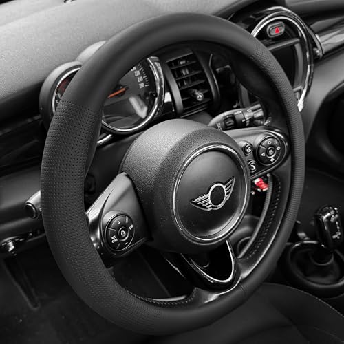 PINCTROT Nappa Leather Steering Wheel Cover, Slim Fit No Bulk Design, One Piece Leather with Breathable Perforation, Fit Like Gloves, Universal 14.5-15 Inch(Nappa Black) - color: 01.Black, size: Medium(Standard) Size[14 1/2''-15'']