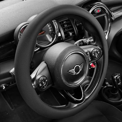 PINCTROT Large Size Nappa Leather Steering Wheel Cover, Slim Fit No Bulk Design, One Piece Leather with Breathable Perforation, Fit Like Gloves, 15.5-15.75 Inch(Nappa Black) - color: 01.Black, size: Large Size[15 1/2''-15 3/4'']