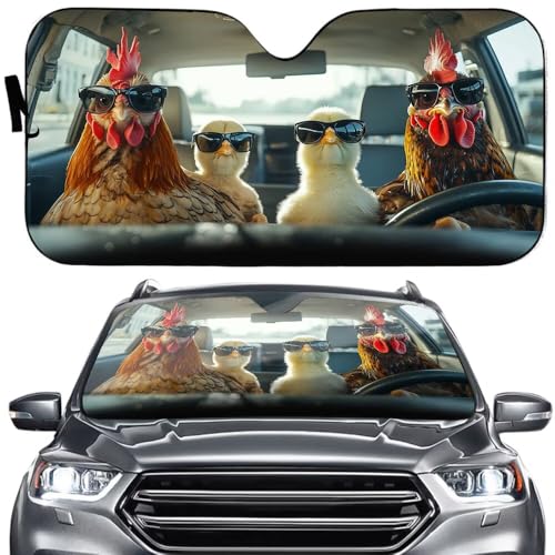 Funny Chickens with Sunglasses Car Sun Shade for Front Window Windshield Blocks UV Rays，Novelty Rooster Family Windshield Sunshade, Auto Sun Visor Protector Keep Your Vehicle Interior Cool - color: car windshield shades 3