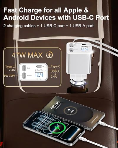 Retractable Car Phone Charger USB C, 4 in 1 Fast Car Charging Adapter with 2 Flexible USB C Cable for iPhone 17e 17 Samsung S26 Android, USBC Cigarette Lighter Gift for Men Android Auto Adapter - color: Reatractable Car Charger-White