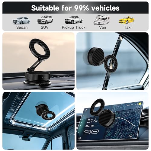Vacuum Suction Magnetic Car Phone Holder for MagSafe, 360° Adjustable Suction Cup Phone Mount for Car, Cell Phone Holders for Your Car/Gym/Mirror for iPhone & Android (Carbon Fiber)