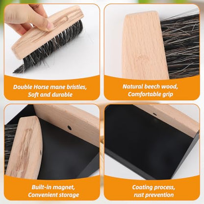 Small Dustpan and Brush Set with Wooden Handle,Mini Metal Crumb Sweeper for Countertops,Desk,Pet Hair,Car,Portable Cleaning Tools for Kitchen,Camping,Sofa (Black) - color: Black