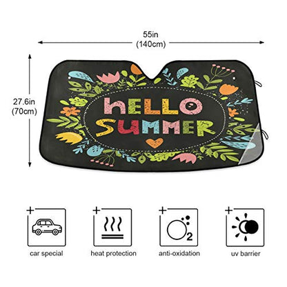 Hello Summer With Flowers Car Windshield Sun Shade Blocks UV Rays Sun Visor Protector Foldable Sun Reflector to Keep Your Vehicle Cool - color: Hello Summer