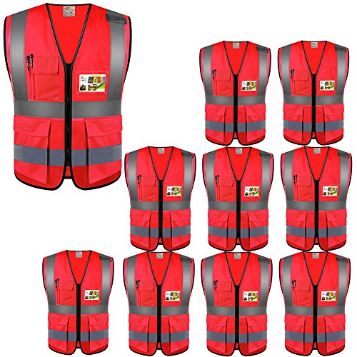 zojo High Visibility Safety Vests With Pockets, Wholesale Reflective Vest for Outdoor Works, Cycling, Jogging, Walking,Sports - Fits for Men and Women (Pack of 10, XL-Red) - color: 10pcs-red-xl, size: Large-X-Large